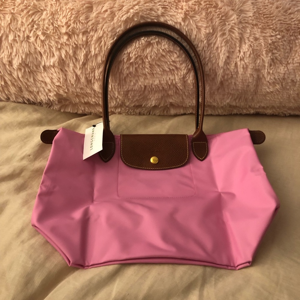Longchamp Pink Nylon Tote with Brown Leather Trim and Handles